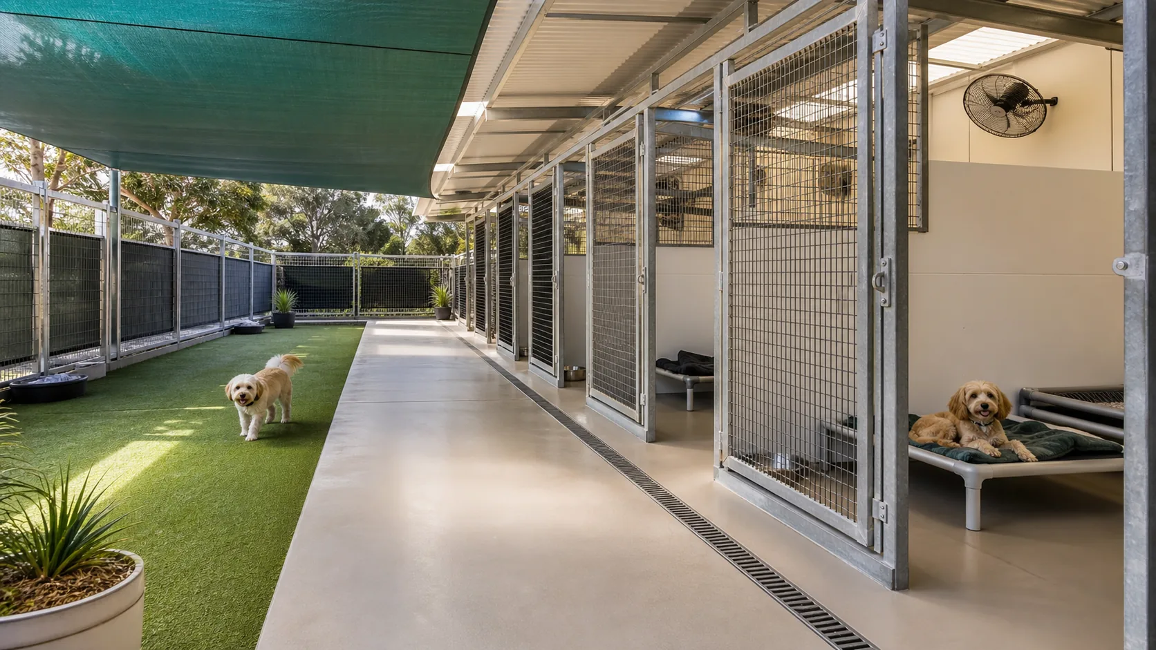 Australian-style boarding kennel run with shade, secure fencing, raised beds, water bowls and cleanable flooring