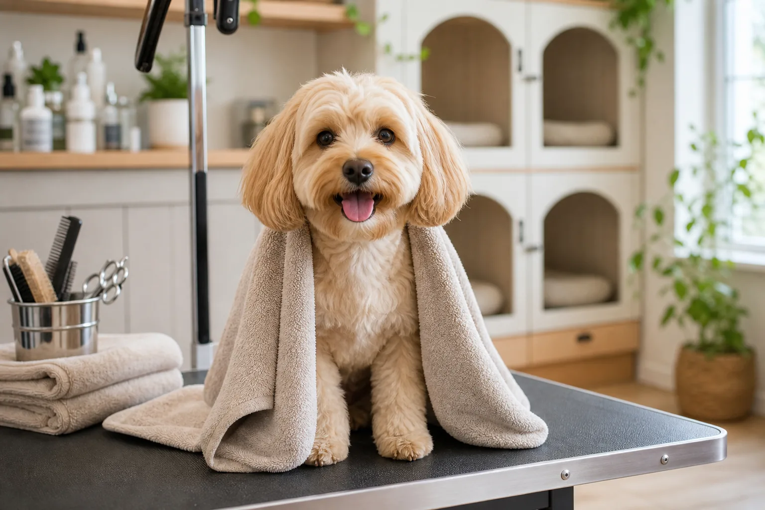 Professional dog grooming table and coat-care equipment in a clean grooming area