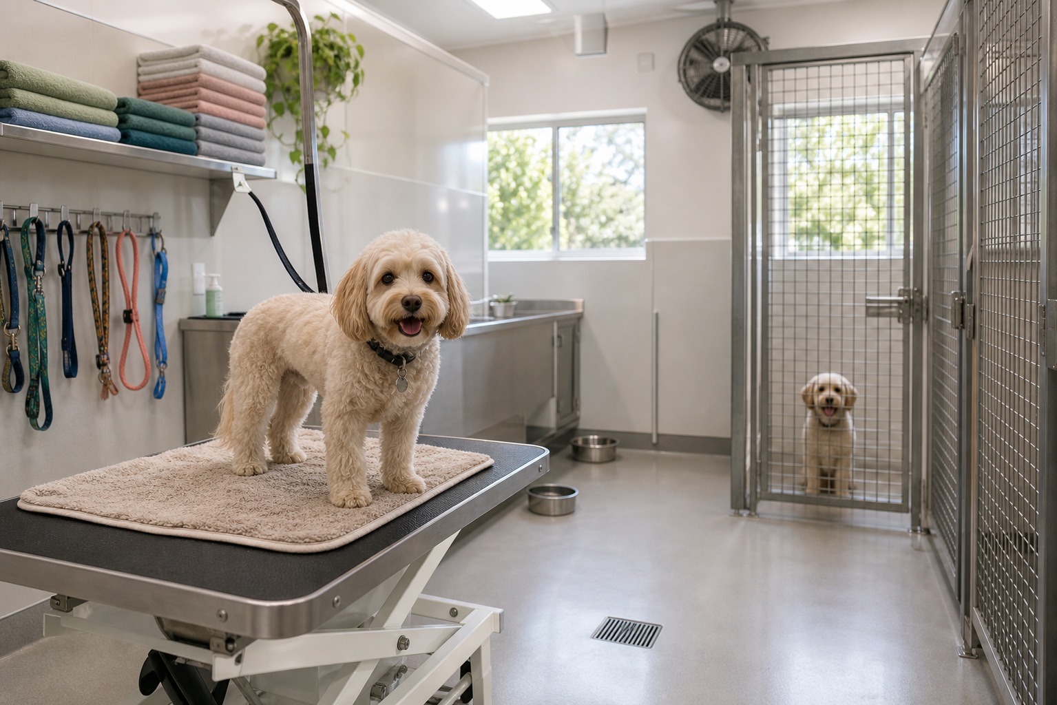 Clean kennel care bay with grooming table, washable surfaces, secure mesh kennel doors and ventilation