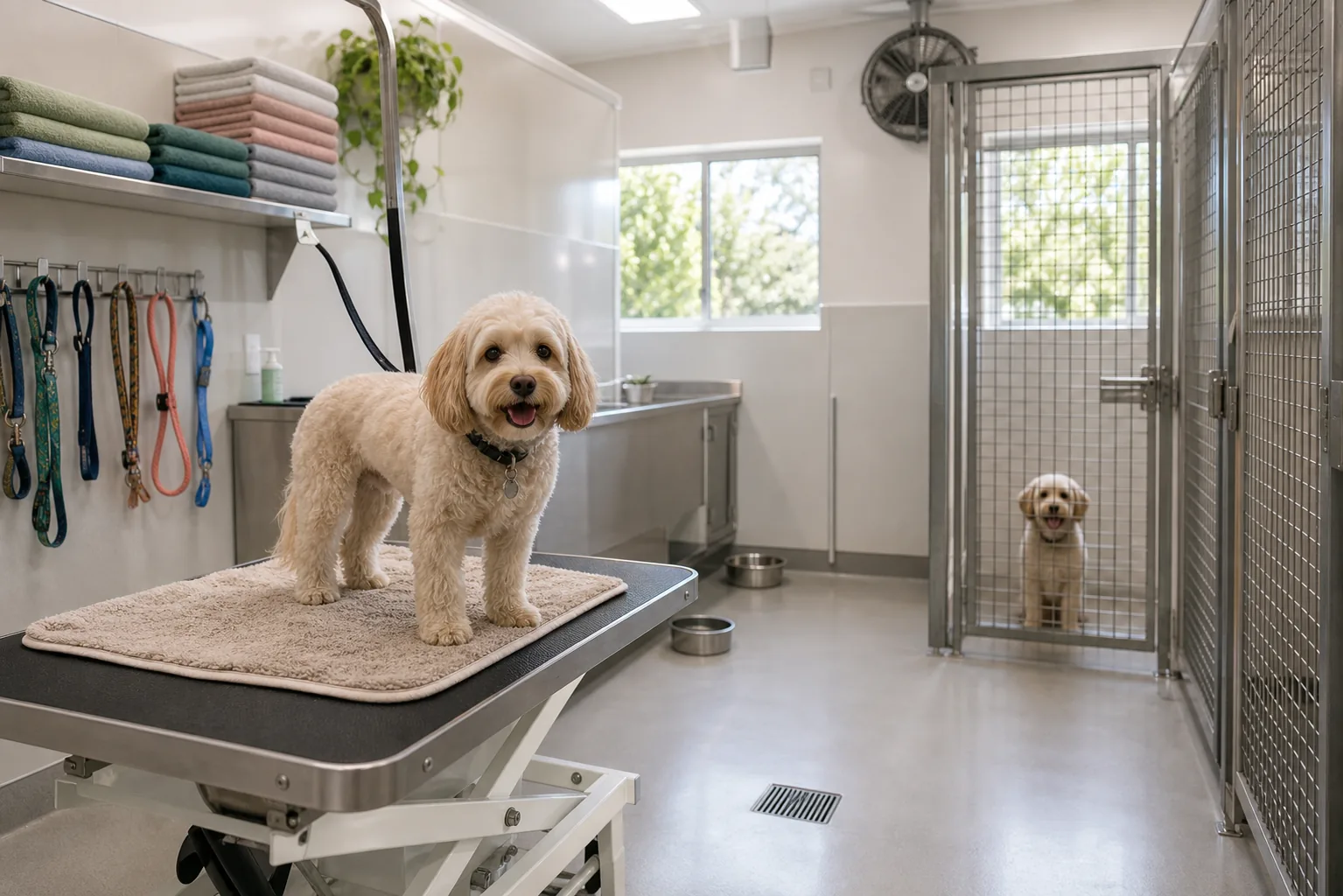 Clean kennel care bay with washable surfaces and secure dog housing