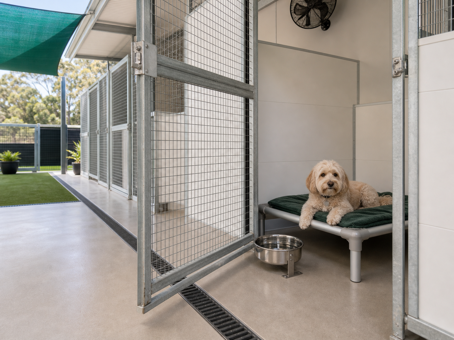 Dog resting in a realistic kennel suite with raised bed, stainless water bowl, drainage and secure metal gate