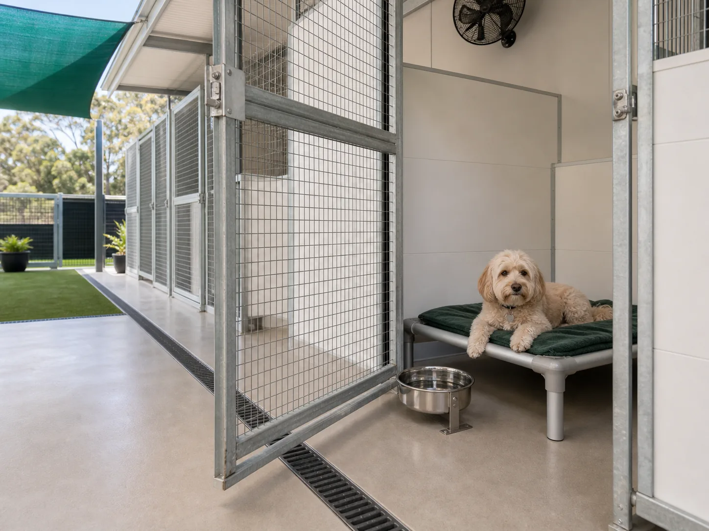 Dog resting in a realistic kennel suite with raised bed, stainless water bowl, drainage and secure metal gate