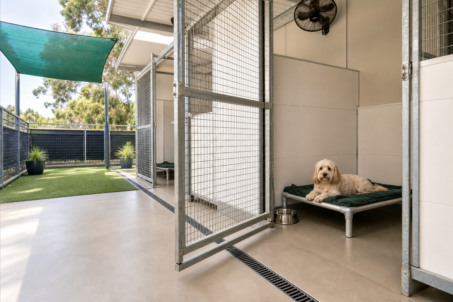 Secure dog kennel suite with raised bed, washable bedding, mesh gate, drainage and easy-clean floor