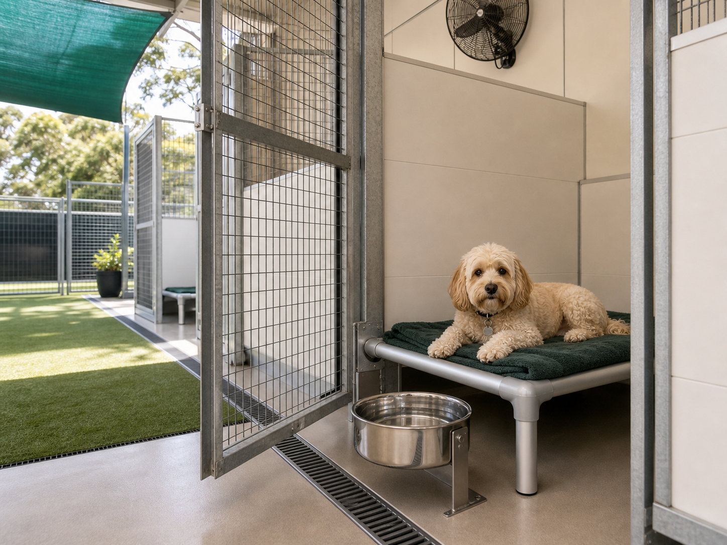 Dog resting on a raised kennel bed with stainless water bowl, secure gate and visible drainage