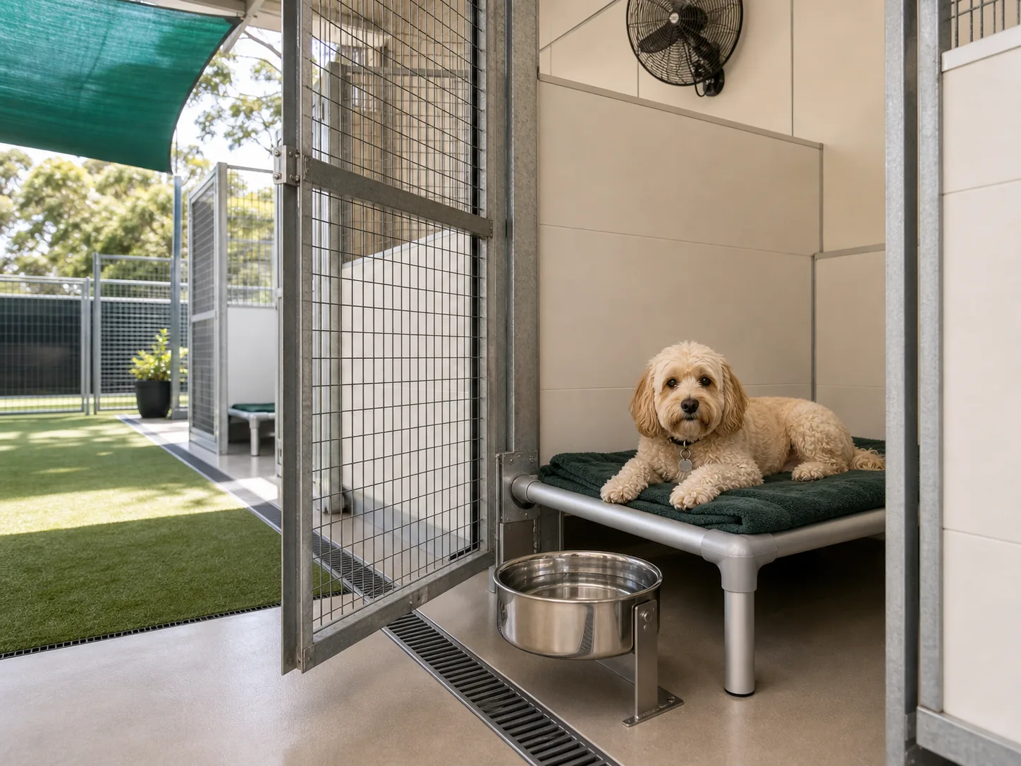 Dog resting on a raised kennel bed with stainless water bowl, secure gate and visible drainage